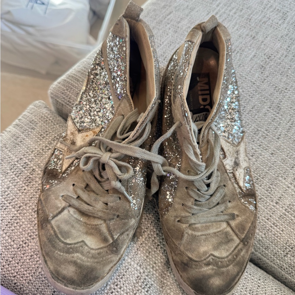 Golden Goose Midstar Gray and Silver Glitter Sneakers